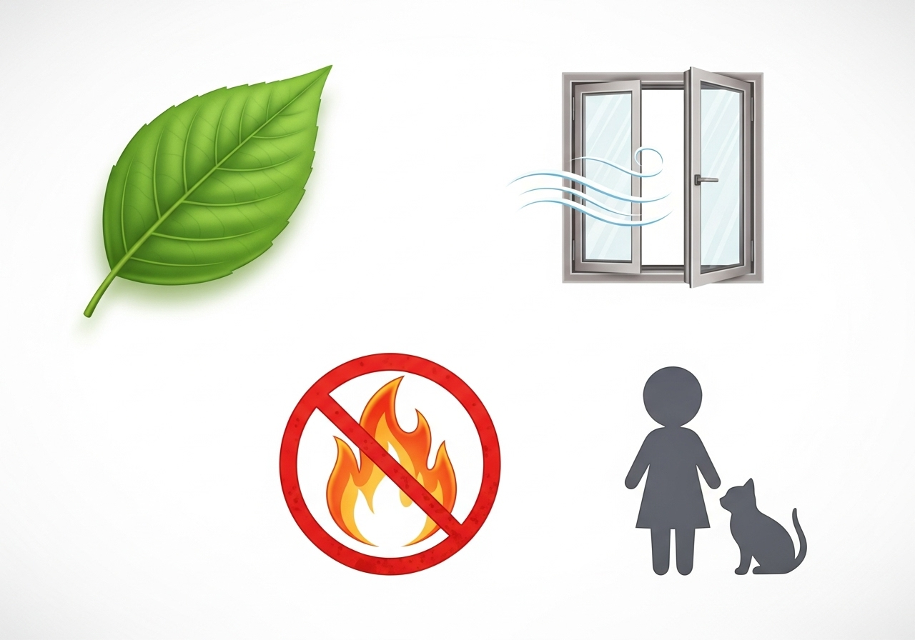 Bộ 4 icon đồ họa đơn giản cho mỗi quy tắc an toàn: icon chất lượng (lá cây), icon cửa sổ mở, icon ngọn lửa bị gạch chéo, icon trẻ em/thú cưng.