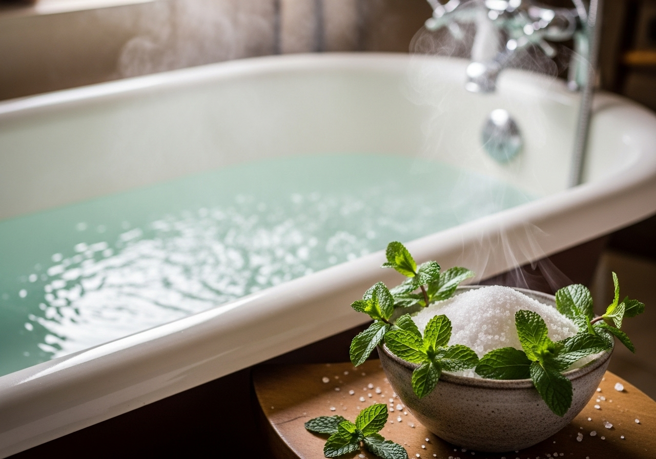 Bồn tắm đầy nước với hơi nước nghi ngút, bên cạnh có một bát nhỏ chứa muối Epsom và vài nhánh bạc hà tươi trang trí.