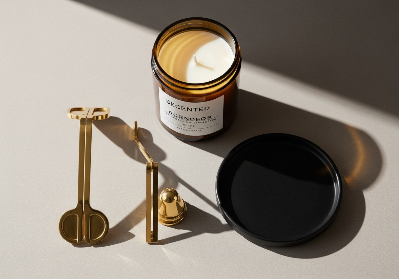 Bức ảnh flatlay đẹp mắt gồm bộ 3 dụng cụ: tông đơ cắt bấc, chuông dập lửa và một chiếc khay hâm nến, đặt cạnh một hũ nến thơm.