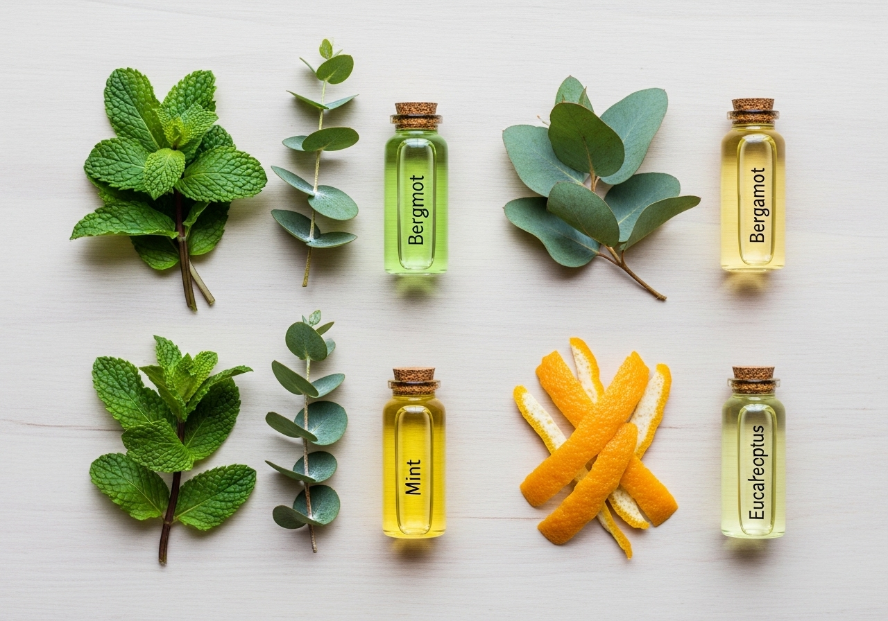 Các nguyên liệu tươi như vỏ cam bergamot, lá bạc hà, cành khuynh diệp được sắp xếp đẹp mắt bên cạnh lọ tinh dầu tương ứng.