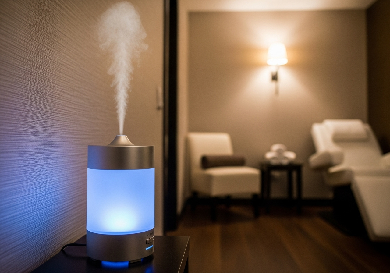 Cận cảnh một máy khuếch tán lạnh chuyên nghiệp đặt ở góc phòng spa.