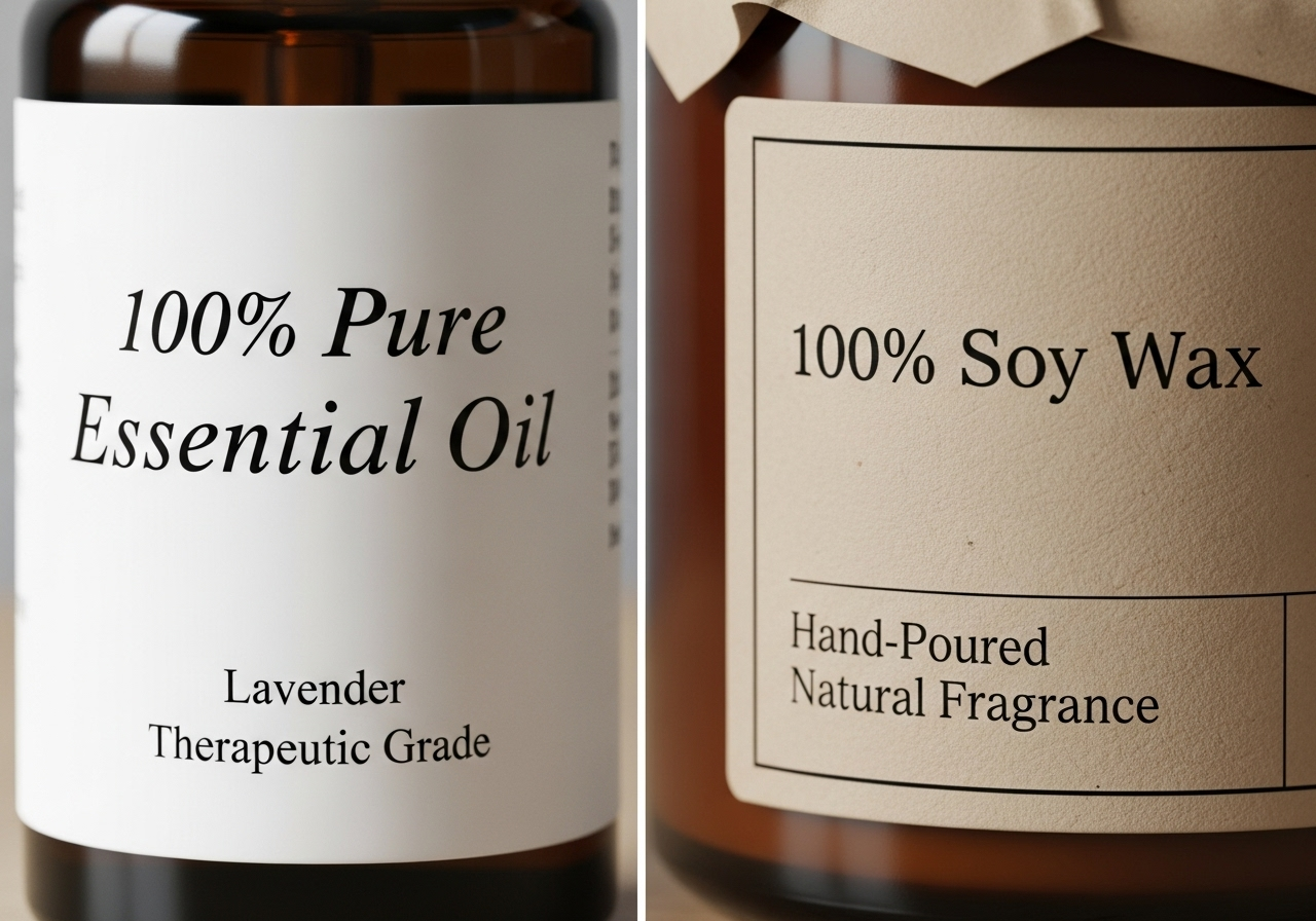 Cận cảnh nhãn một lọ tinh dầu có ghi "100% Pure Essential Oil" và một hũ nến có nhãn "100% Soy Wax", nhấn mạnh tầm quan trọng của chất lượng.
