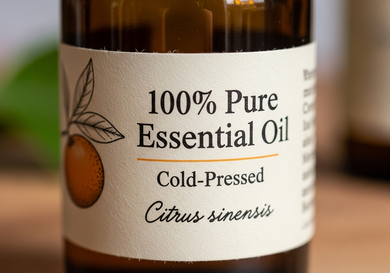 Chụp cận cảnh nhãn của một lọ tinh dầu, zoom vào dòng chữ "100% Pure Essential Oil", "Cold-Pressed" và tên khoa học "Citrus sinensis".