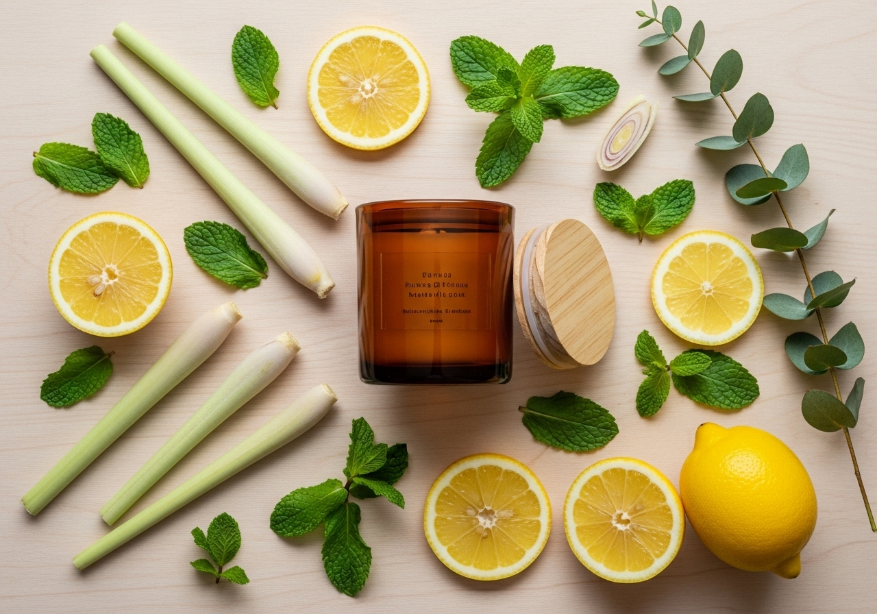 Flatlay các nguyên liệu tự nhiên như chanh, sả, lá bạc hà, cành khuynh diệp bên cạnh một hũ nến thơm