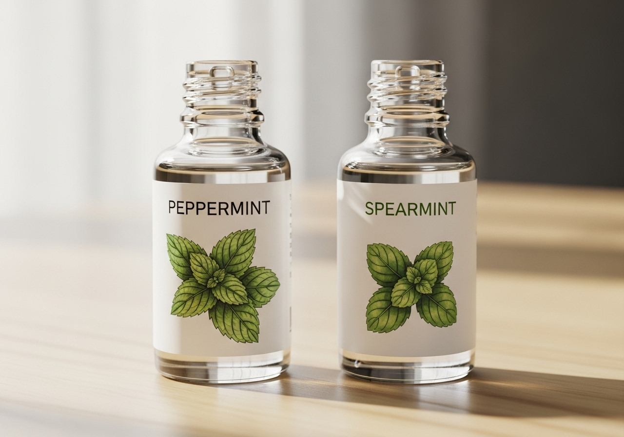 Hai lọ tinh dầu đặt cạnh nhau, một lọ có nhãn "Peppermint" với hình lá bạc hà nhọn, lọ còn lại có nhãn "Spearmint" với hình lá bạc hà tròn hơn.