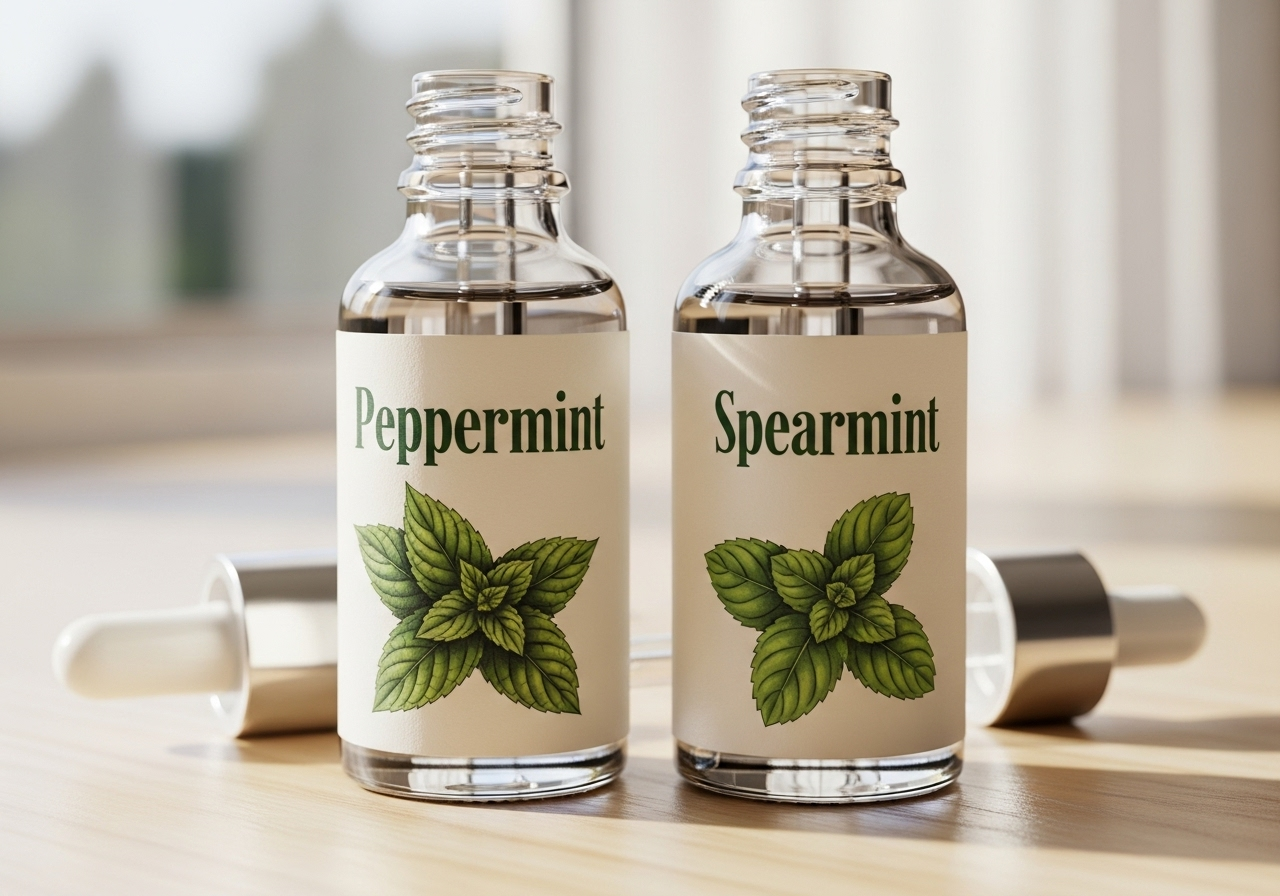 Hai lọ tinh dầu đặt cạnh nhau, một lọ có nhãn "Peppermint" với hình lá bạc hà nhọn, lọ còn lại có nhãn "Spearmint" với hình lá bạc hà tròn hơn.