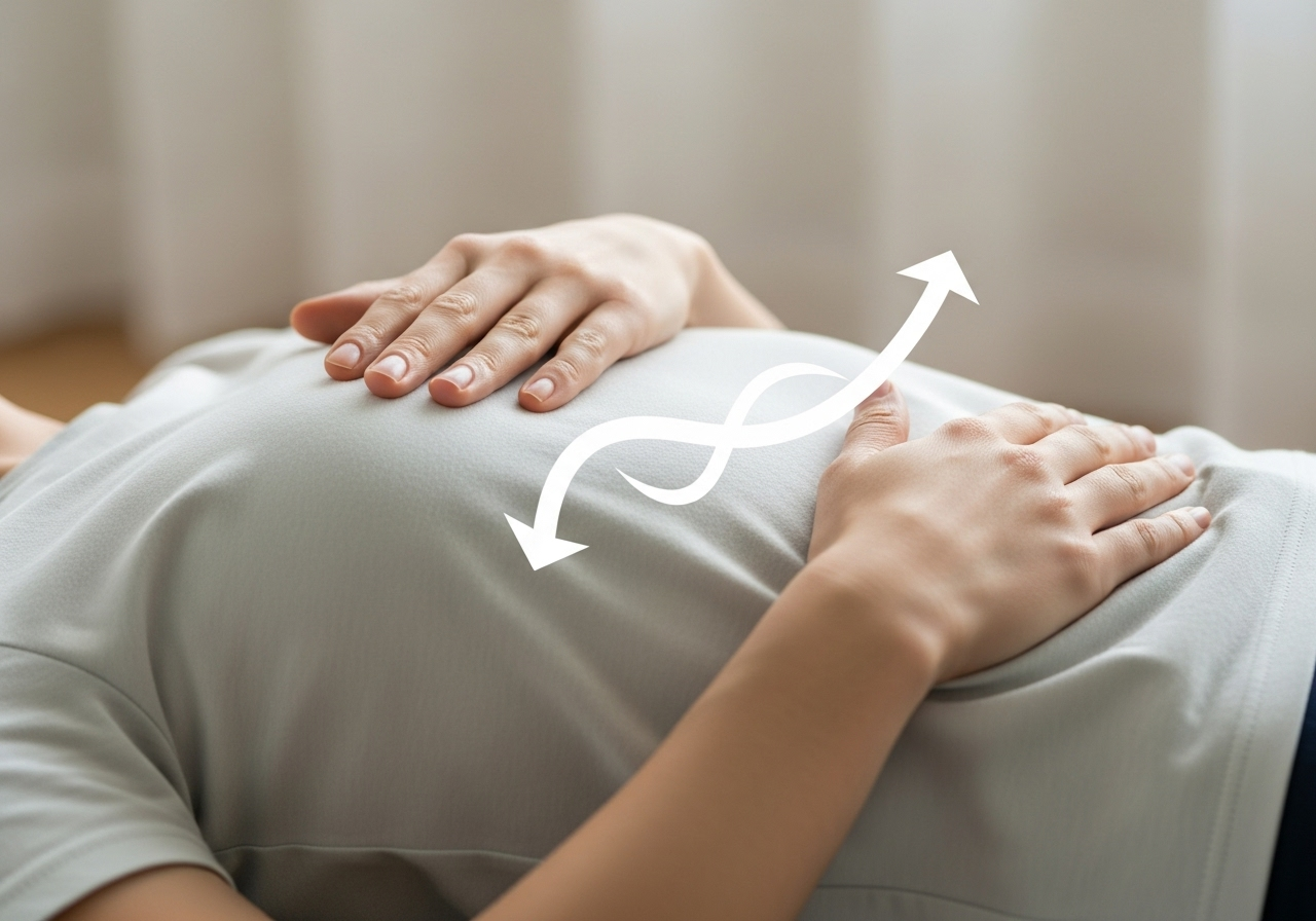 Hình ảnh một người đang nằm hoặc ngồi, với một tay đặt lên ngực và một tay đặt lên bụng, có mũi tên chỉ sự di chuyển của tay trên bụng.