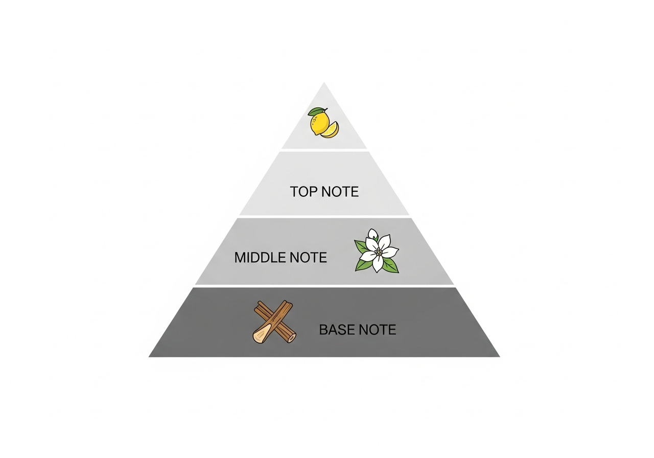 Infographic đơn giản hình kim tự tháp, chia làm 3 tầng. Tầng trên cùng (Top Note) có icon quả chanh. Tầng giữa (Middle Note) có icon bông hoa nhài. Tầng đáy (Base Note) có icon một thanh gỗ đàn hương.