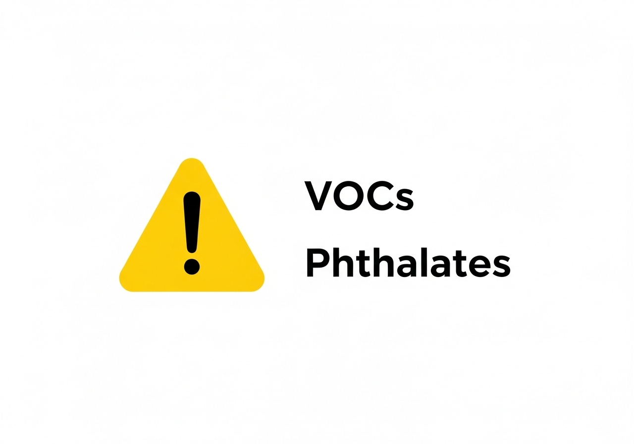 Infographic đơn giản với biểu tượng cảnh báo nguy hiểm bên cạnh chữ "VOCs" và "Phthalates".