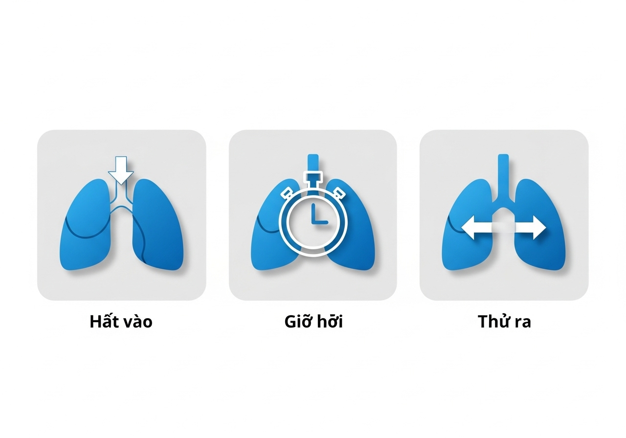 Loạt 3 ảnh icon đơn giản minh họa 3 bước: Hít vào (mũi tên đi vào), Giữ hơi (icon đồng hồ), Thở ra (mũi tên đi ra).