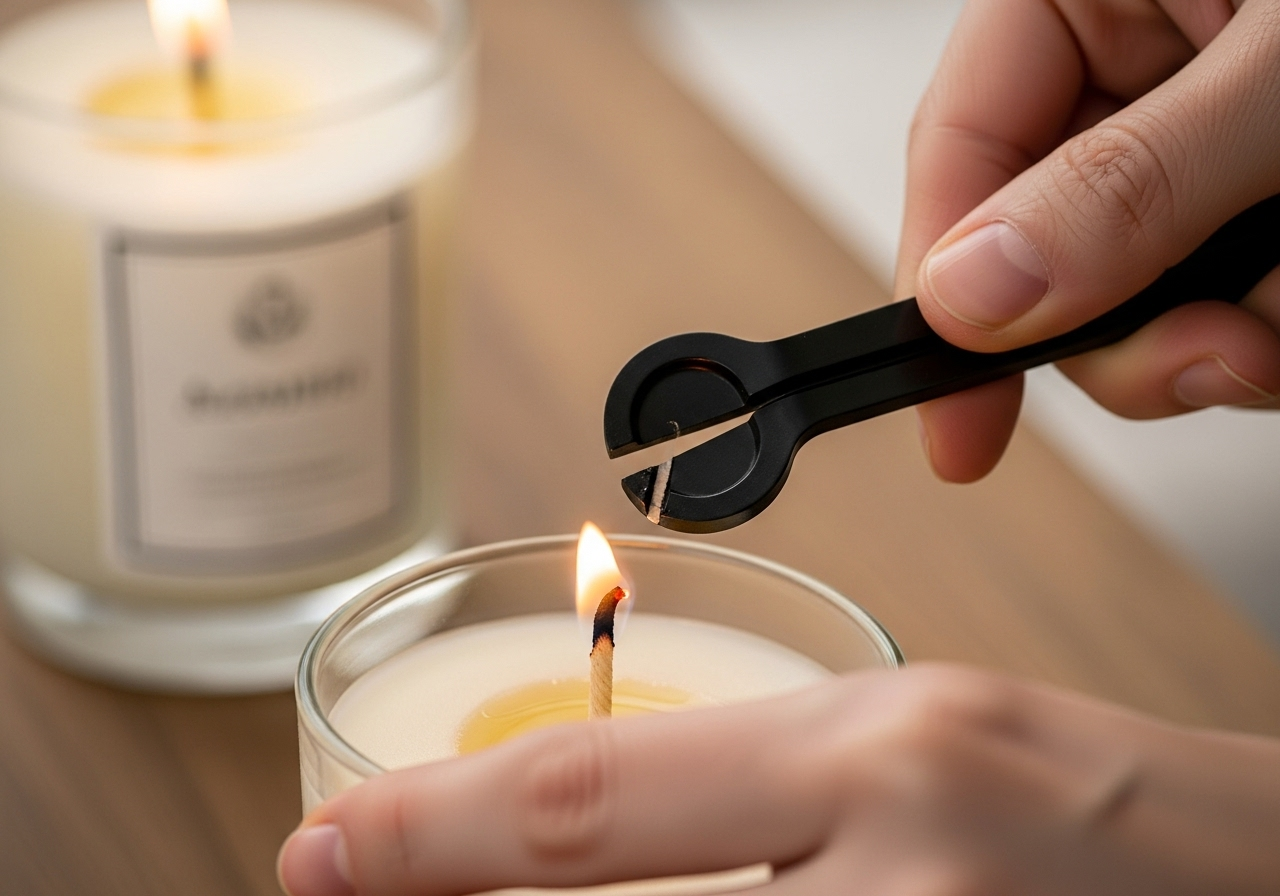 Một bàn tay đang dùng kéo chuyên dụng để cắt bấc của một cây nến thơm, thể hiện sự chăm chút và đúng kỹ thuật.