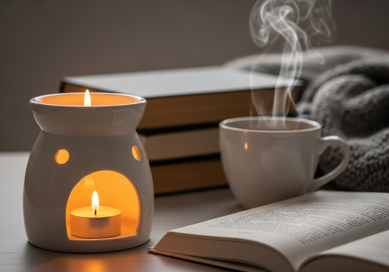 Một chiếc đèn xông nến bằng gốm đang cháy trong không gian thư giãn, có sách và tách trà bên cạnh.