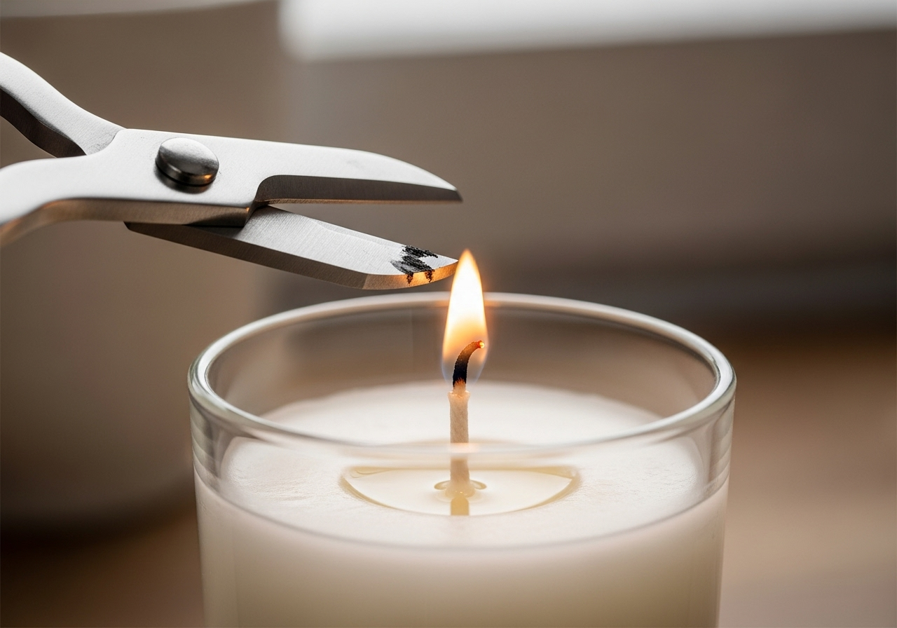 Một chiếc tông đơ cắt bấc chuyên dụng đang cắt bấc của một hũ nến, để lại độ dài chuẩn.
