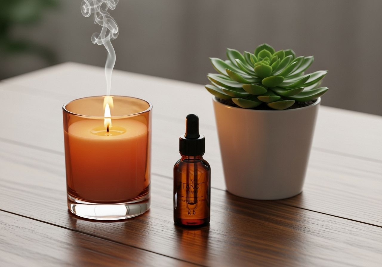 Một hình ảnh tổng hợp mang tính biểu tượng về wellness: nến thơm, lọ tinh dầu, và một chậu cây xanh nhỏ trên bàn gỗ.