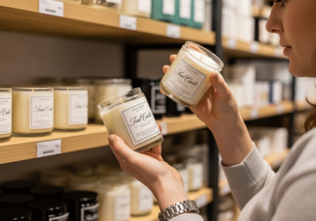 Một khách hàng đang cầm hũ nến và đọc kỹ thông tin trên nhãn mác sản phẩm trong một cửa hàng.