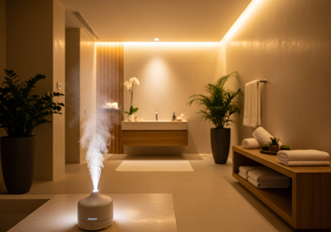Một không gian spa sang trọng, tối giản với ánh sáng ấm, có một máy khuếch tán tinh dầu đang tỏa làn sương mỏng.
