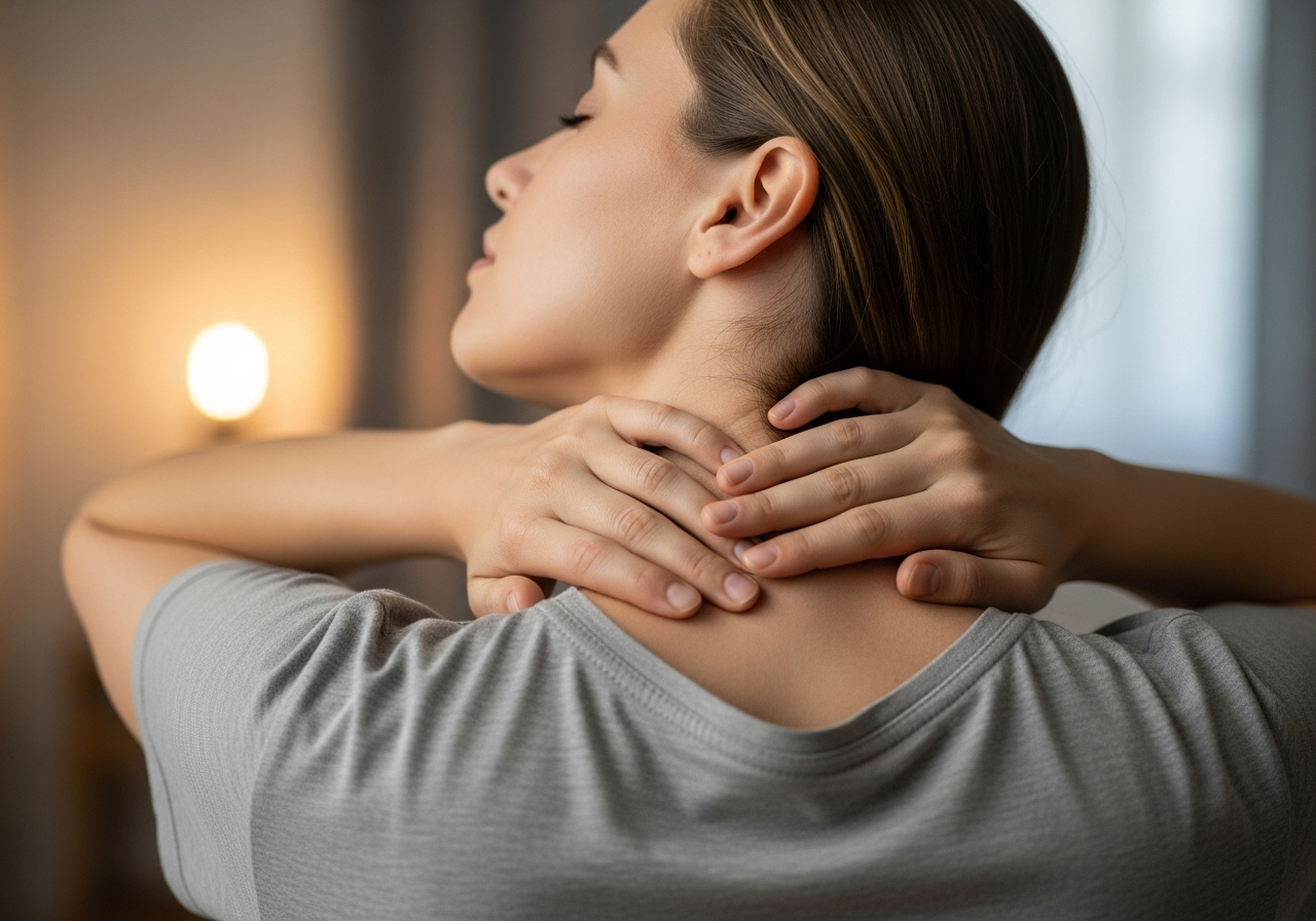 Một người đang dùng tay tự xoa bóp vùng sau gáy một cách nhẹ nhàng, biểu cảm thư thái.
