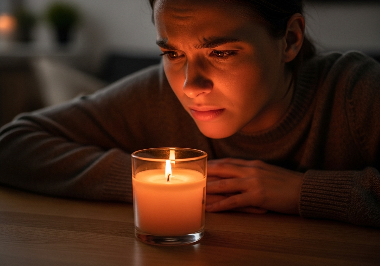 Một người đang ngồi cạnh hũ nến đang cháy với biểu cảm khuôn mặt bối rối, thắc mắc vì không ngửi thấy mùi hương.