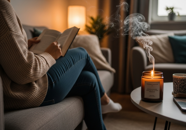 Một người đang ngồi đọc sách trên sofa, phía sau là cây nến đang cháy tỏa hương thơm khắp phòng khách.