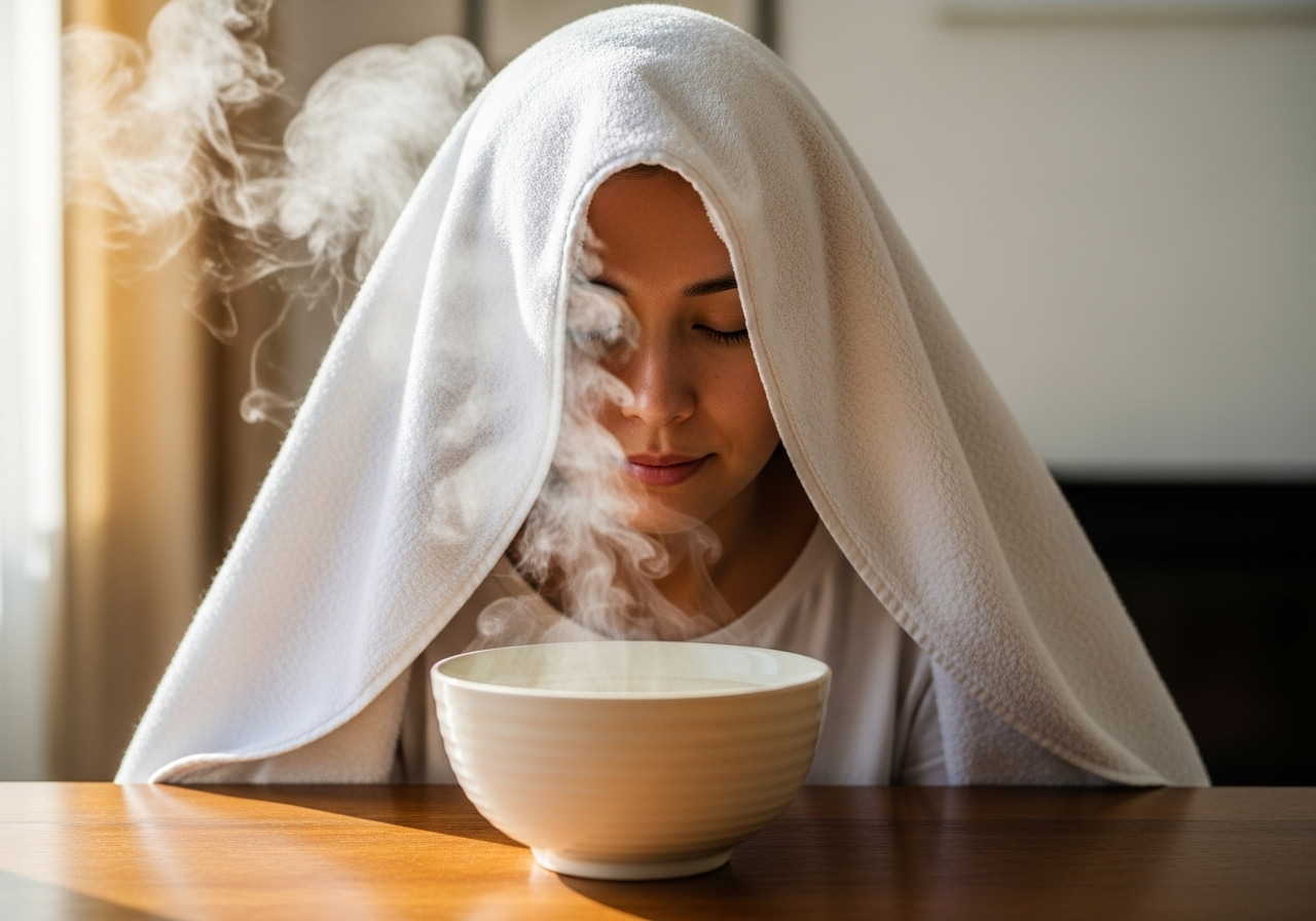 Một người đang thực hiện xông hơi mặt với một bát nước nóng và chiếc khăn lớn trùm qua đầu.