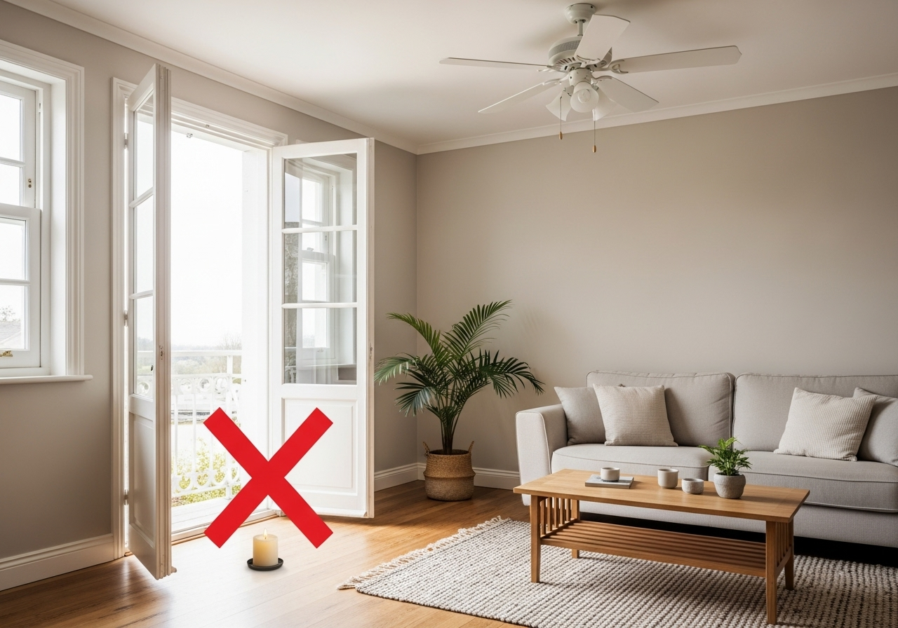 Một phòng khách thoáng đãng có cửa sổ mở và quạt trần, một dấu X màu đỏ được đặt ở vị trí gần cửa sổ, nơi không nên đặt nến.