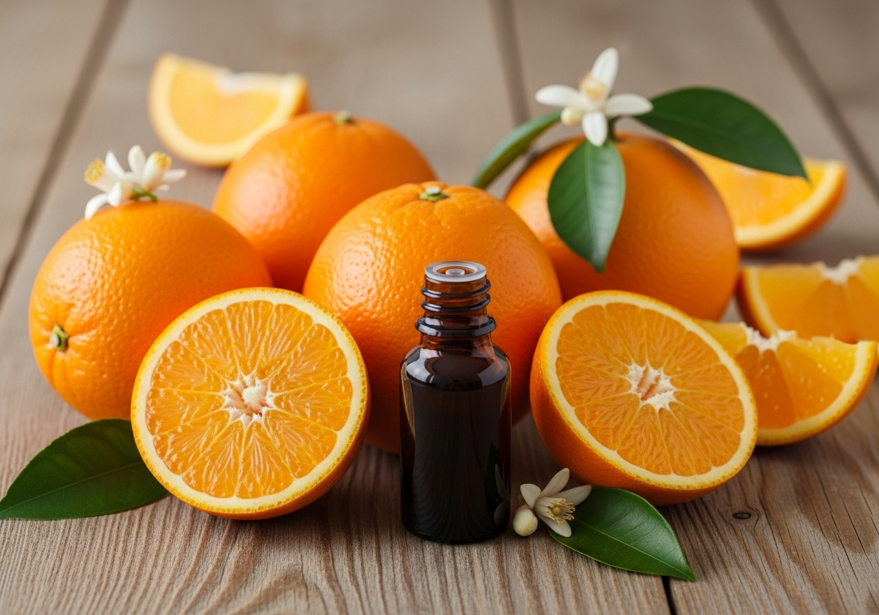 Những quả cam tươi mọng nước đặt cạnh một lọ tinh dầu thủy tinh tối màu trên nền gỗ, gợi cảm giác tự nhiên và tinh khiết.