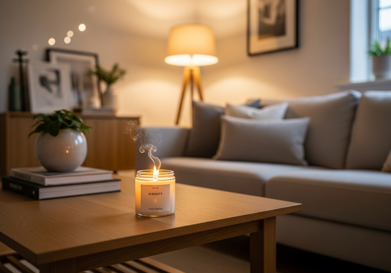 Phòng khách hiện đại với sofa màu trung tính, bàn trà gỗ, trên bàn có một hũ nến thơm thiết kế tối giản đang cháy, ánh sáng trong phòng ấm áp.