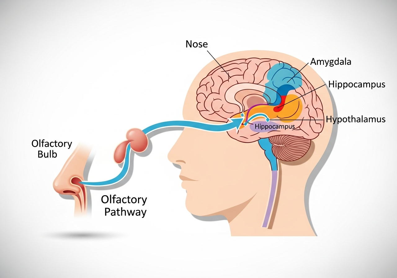 Sơ đồ đồ họa đơn giản, dễ hiểu mô tả con đường từ khứu giác (mũi) đến hệ viền (limbic system) trong não bộ.
