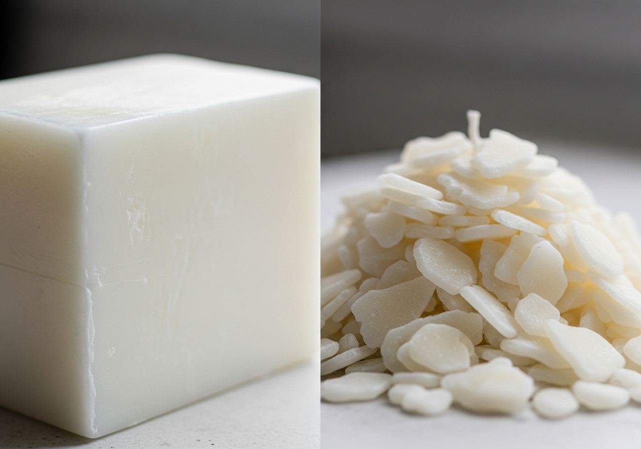 So sánh hai loại sáp nến. Bên trái là sáp paraffin màu trắng đục, bên phải là vảy sáp đậu nành màu trắng ngà tự nhiên.